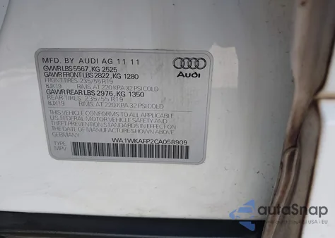 2012 Audi Q5 3.2 Premium z USA, uszkodzony, nr VIN WA1WKAFP2CA058909